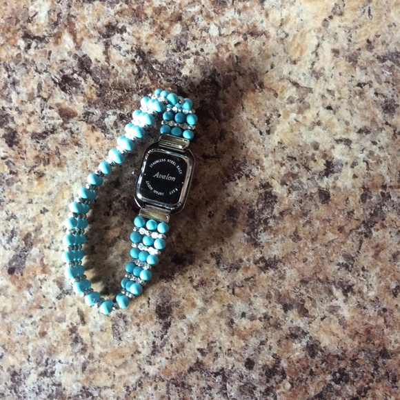 AVALON QUARTZ TURQUOISE & WHITE SAPPHIRE STRETCH BRACELET WATCH. - Picture 2 of 5
